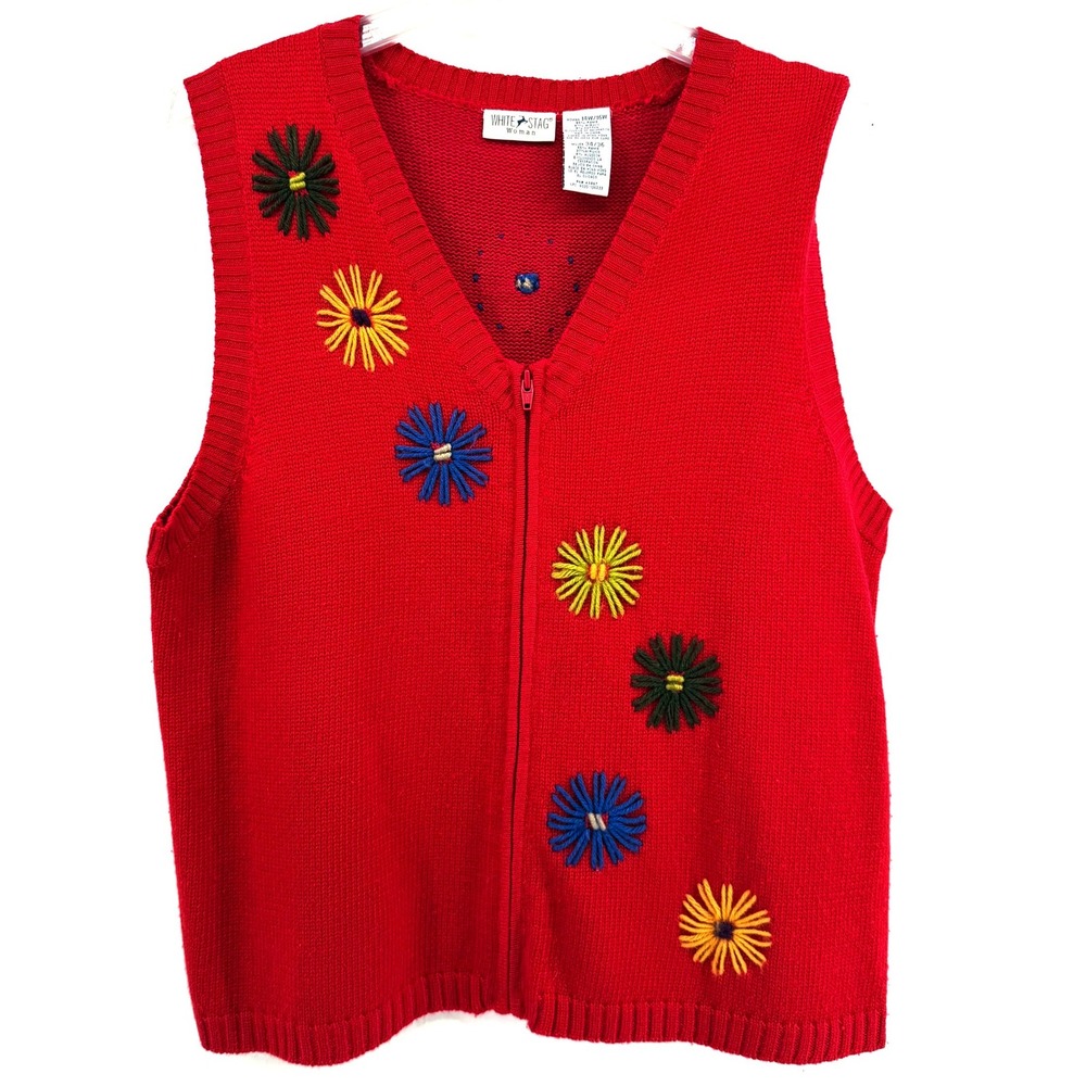 White Stag Woman Red Floral Embroidered Zipper Vest Sweater Size 14W 16W XL